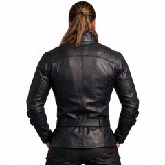 Direct rear view of man modeling black leather medieval combat tunic displaying clean back panel construction and buckled leather belt