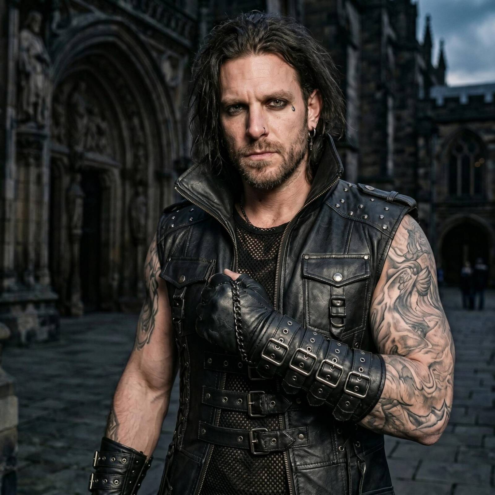 Close-up front view of man wearing black leather gothic vest detailing high stand collar, metal rivets, chest flap pockets, and front roller buckle straps