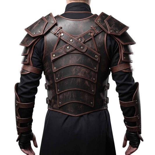 Rear view of the warrior leather armor displaying the overlapping back plates, criss-cross strap harness, and adjustable side buckle closures.