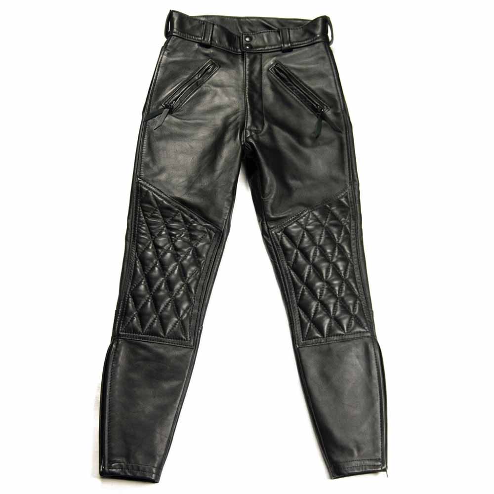 Flat lay front view of men's slim-fit leather motorcycle breeches featuring double YKK zipper pockets and diamond-quilted knee panels.