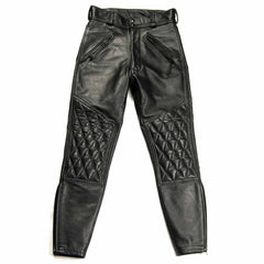 Flat lay front view of men's slim-fit leather motorcycle breeches featuring double YKK zipper pockets and diamond-quilted knee panels.