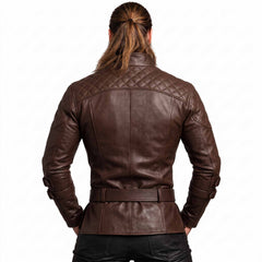 Direct back view of male model in brown leather medieval tunic displaying diamond quilted shoulder yoke and buckled leather waist belt