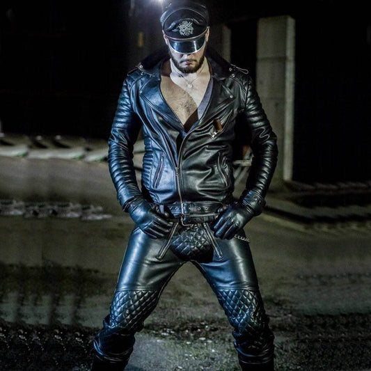 Chaqueta de motociclista con paneles acolchados de cuero de vaca real para hombre Punk Kink BLUF Chaqueta estilo diamante