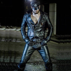 Chaqueta de motociclista con paneles acolchados de cuero de vaca real para hombre Punk Kink BLUF Chaqueta estilo diamante