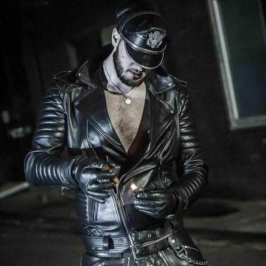 Chaqueta de motociclista con paneles acolchados de cuero de vaca real para hombre Punk Kink BLUF Chaqueta estilo diamante