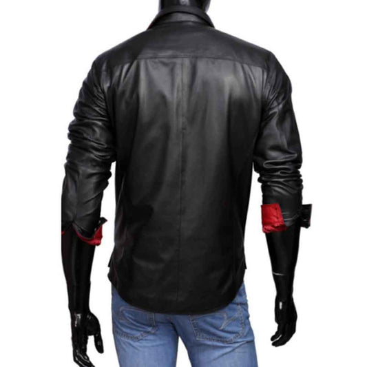 Camisa de estilo militar de policía de cuero de cordero real para hombre Cuir Bluf Camisa en contraste roja y negra
