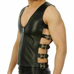 Side view of men's leather waistcoat showing adjustable side buckle straps and metal hardware