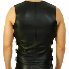 Back view of solid black leather biker vest showcasing seamless cut and side buckle straps
