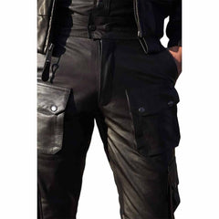 Detailed front waist section of men's black leather cargo pants showing front flap pockets with metal snap closures.