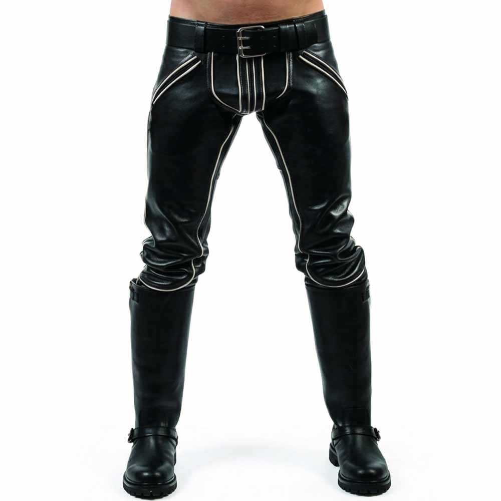 Front view of men's black leather breeches with white contrast piping on fly and pockets tucked into tall boots.
