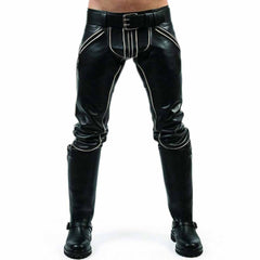Front view of men's black leather breeches with white contrast piping on fly and pockets tucked into tall boots.