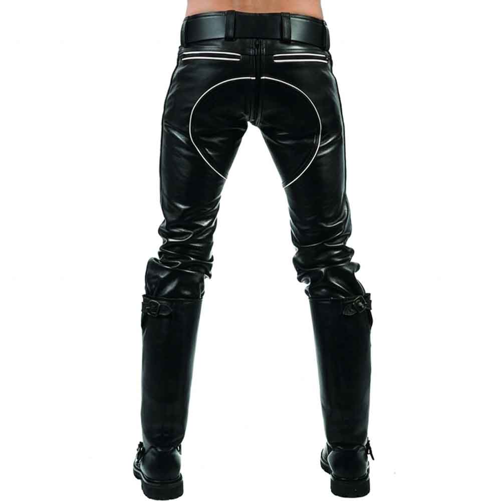Back view of men's slim fit leather trousers displaying contrast white piping around rear seat panel and back zip.