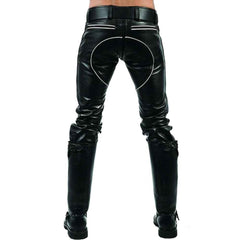 Back view of men's slim fit leather trousers displaying contrast white piping around rear seat panel and back zip.