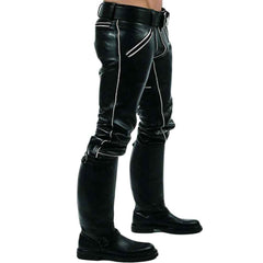 Side profile of men's handmade black leather biker jeans showing side piping detailing and boot-fitted leg cut.