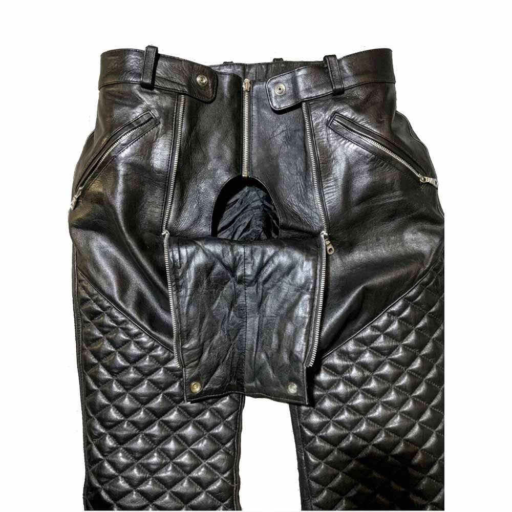 Close-up of men's leather kink pants showing the open front panel with double YKK zippers.