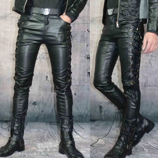 Men's Real Leather Slim Fit Bikers Pants Side and Front Laces Up Bikers Pants Trousers