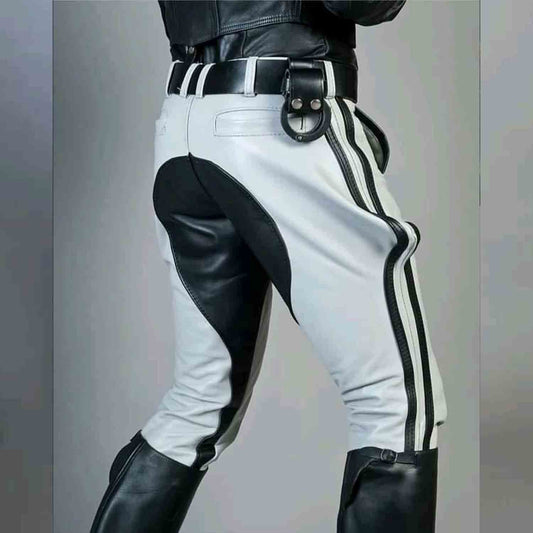 Men's Real Leather White and Black Contrast Saddleback Trousers BLUF Pants Bikers Breeches