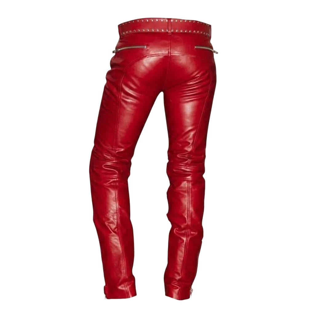 Red leather pants shown from the back, featuring a studded waistband, zippered back pockets, and zippered cuffs, displayed on a white background with a Genesis Leather logo in the top-left corner.