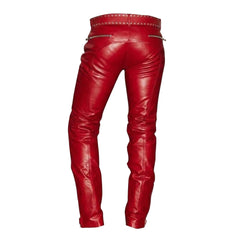 Red leather pants shown from the back, featuring a studded waistband, zippered back pockets, and zippered cuffs, displayed on a white background with a Genesis Leather logo in the top-left corner.