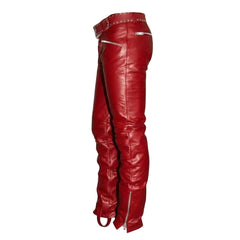 Men's Real Red Cowhide Leather Quilted Panels Slim Fit Trousers Pants Bikers Jeans Lederhosen