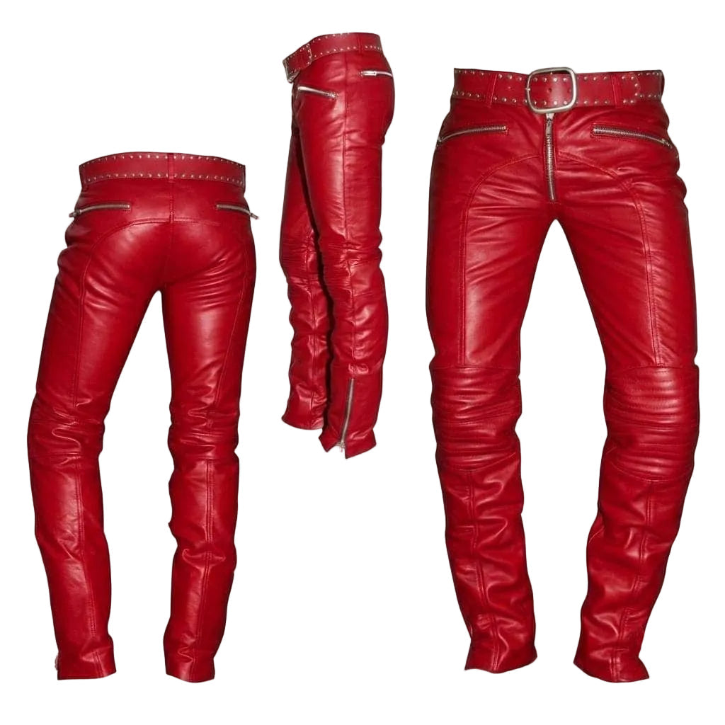 Red leather motorcycle pants shown from three angles (front, back, and side) on a white background, featuring a studded belt, zippered pockets, and side slits.