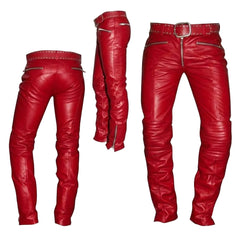 Red leather motorcycle pants shown from three angles (front, back, and side) on a white background, featuring a studded belt, zippered pockets, and side slits.