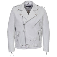 A light gray cow leather motorcycle jacket with silver-tone hardware, featuring an asymmetrical zipper, zippered chest pocket, flap pockets, and a belted waist, shown against a plain white background.