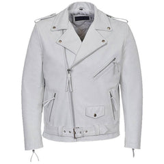 Chaqueta de motociclista de cuero de vaca blanco auténtico para hombre Chaqueta de motociclista de cuero de vaca gruesa