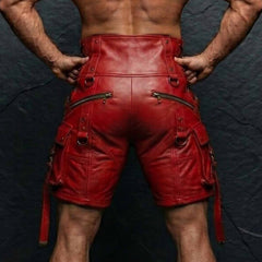 Back view of muscular man wearing red genuine cowhide leather shorts showing rear zip pockets high rise waist and hanging leg straps