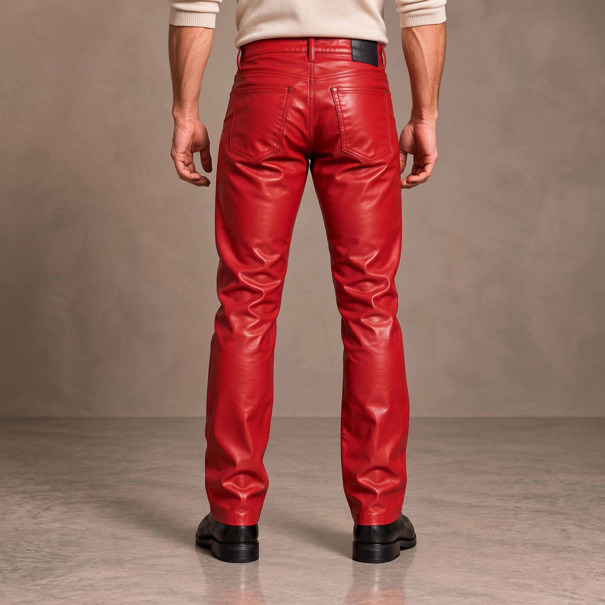 Back view of men's red leather pants highlighting dual patch pockets, waistband patch, and slim tailoring