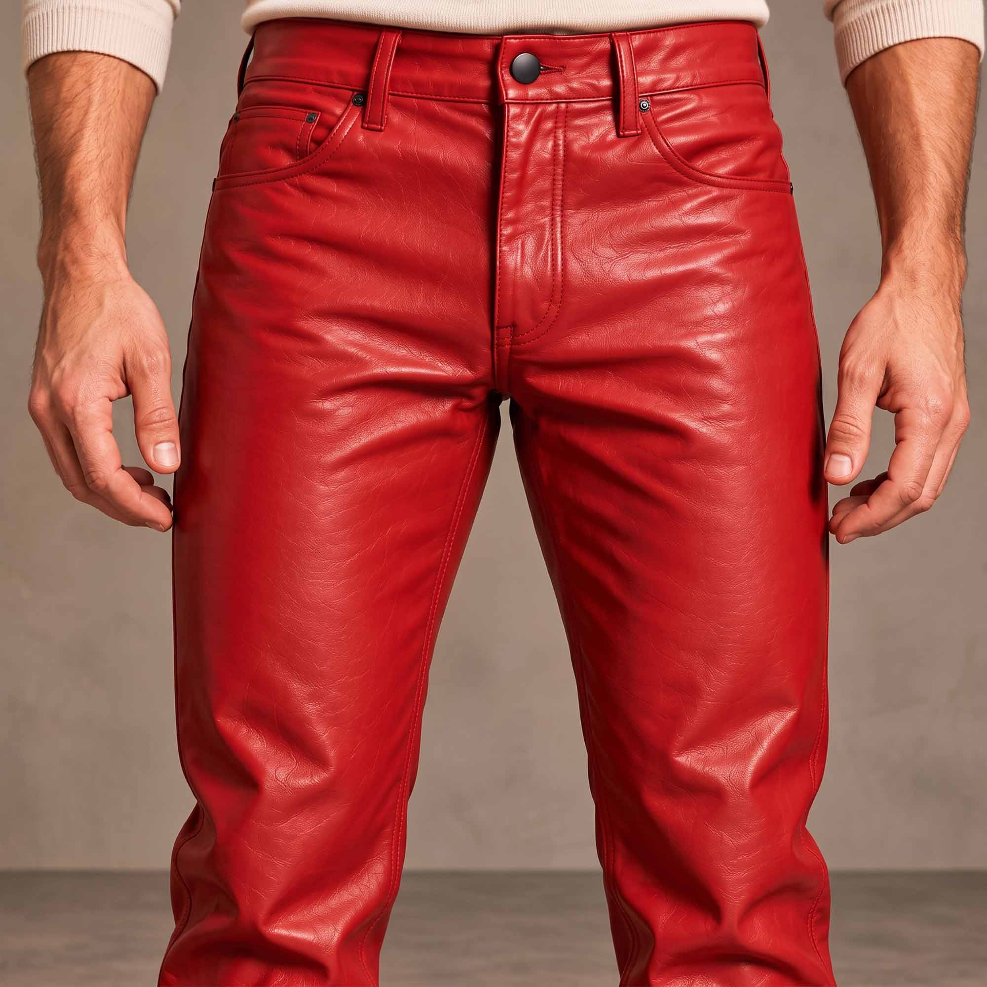 Close-up shot of men's red cowhide leather jeans displaying front zip fly, silver shank button, coin pocket, and rivet details