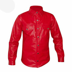 Men's Red Genuine Leather Shirt Police Uniform Style Long Sleeves Shirt