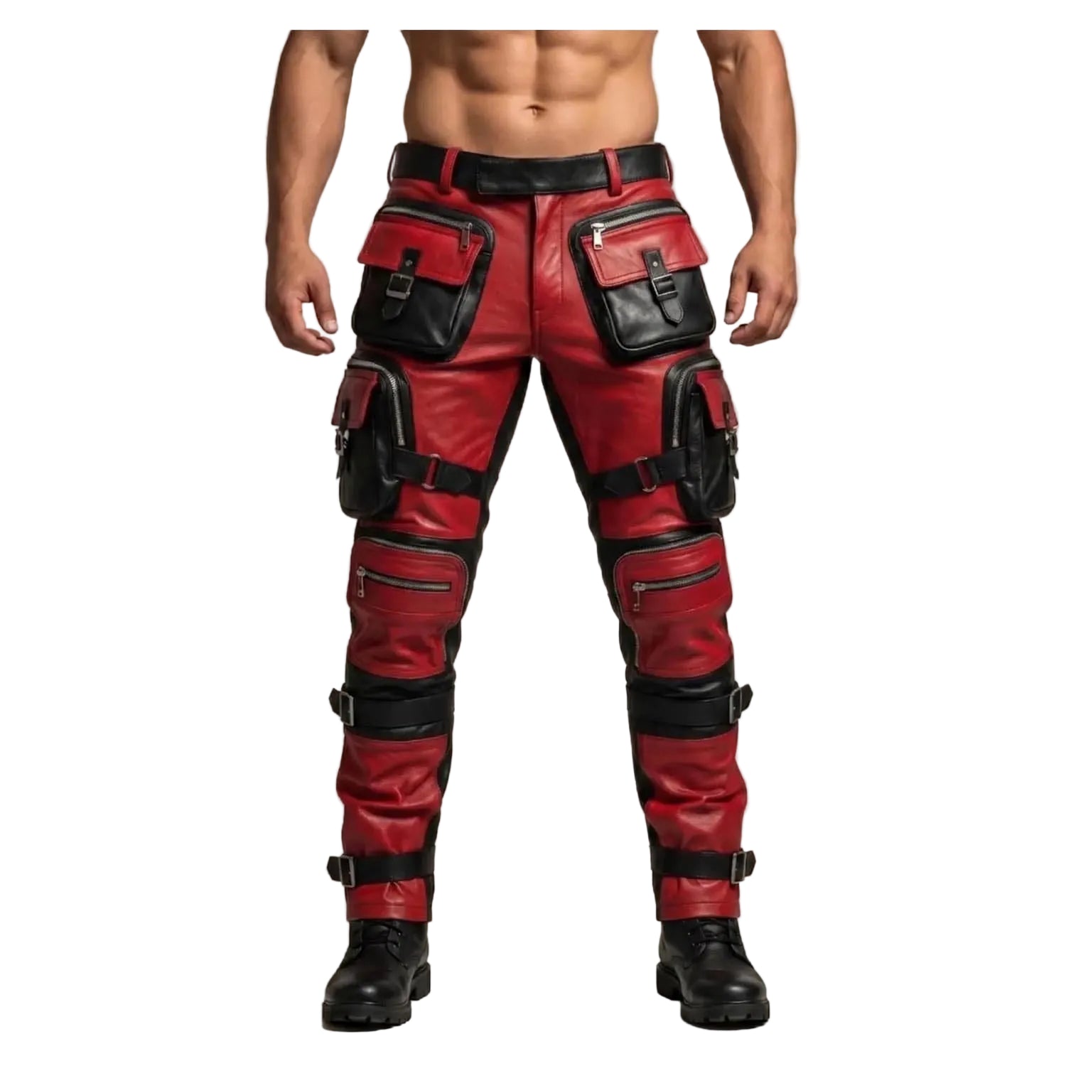 Red and black faux leather cargo pants with multiple utility pockets and straps, shown on a male model from the waist down against a neutral studio background.