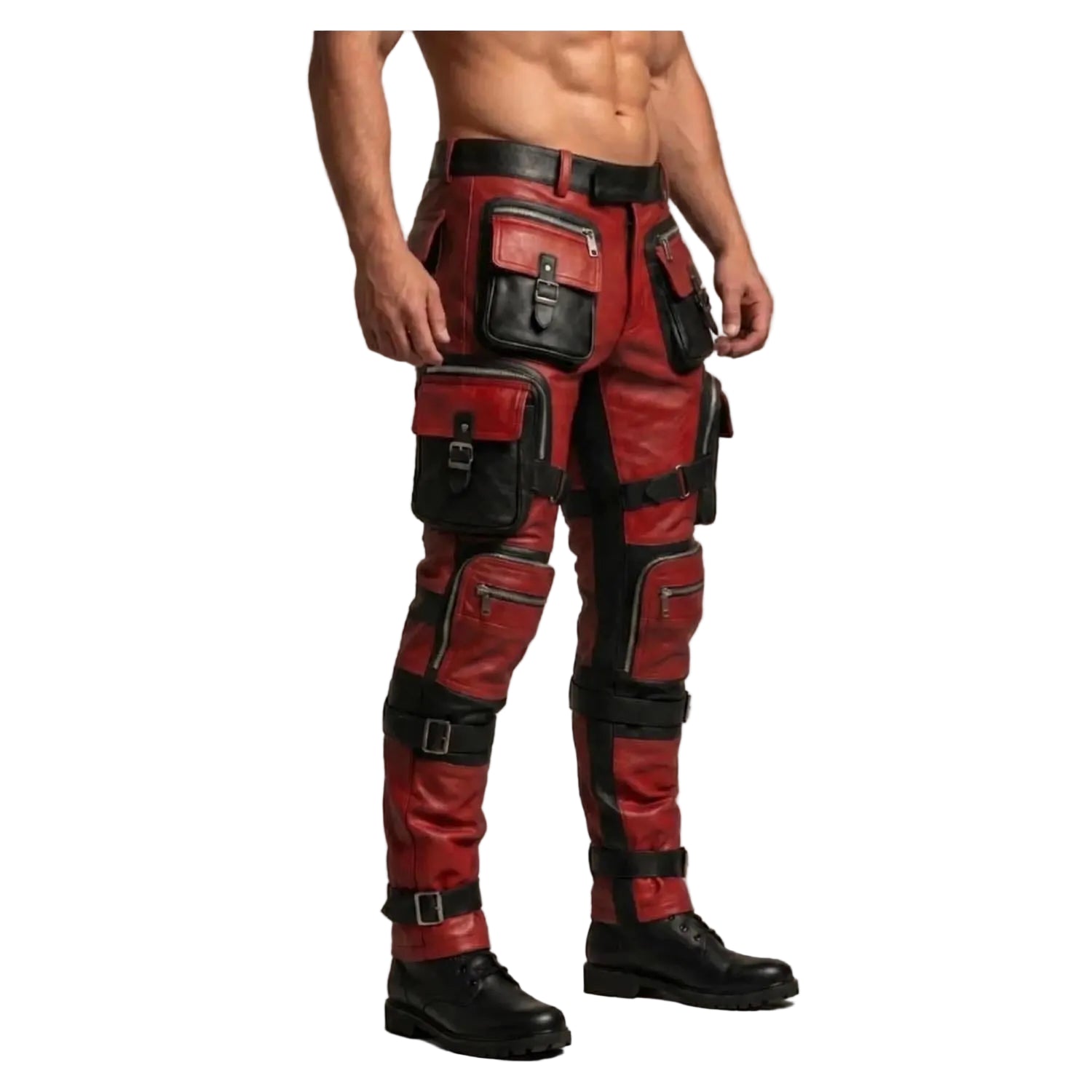 Red and black leather cargo pants with multiple utility pockets and straps, shown on a male model from the waist down against a plain beige studio background.