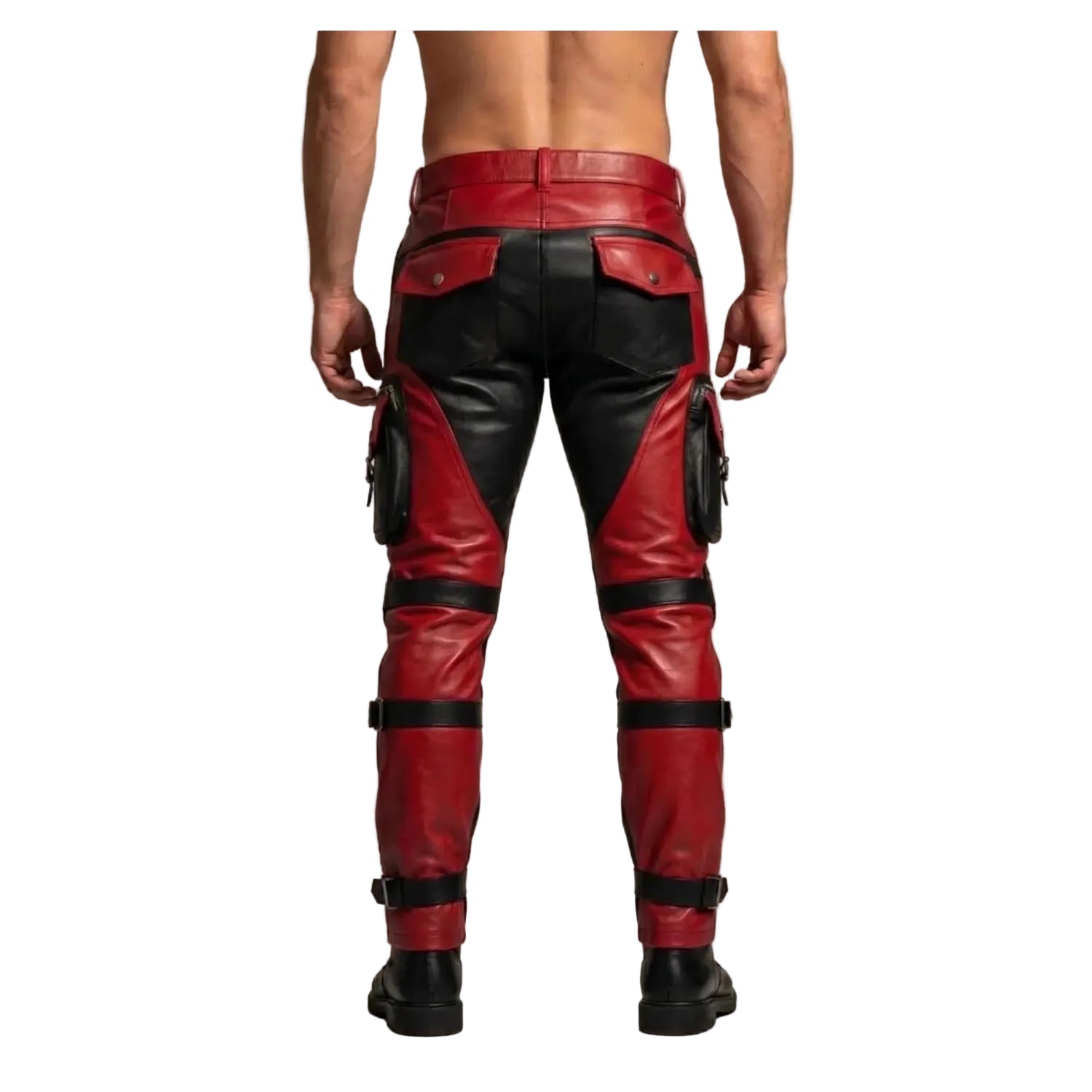 Red and black leather cargo pants shown from the back on a model, featuring multiple utility pockets and leg straps, set against a plain beige studio background.