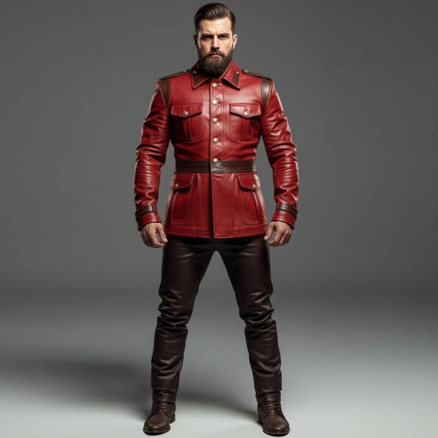 Full length front view of bearded man wearing handmade red and brown leather military uniform jacket and dark brown pants on grey background