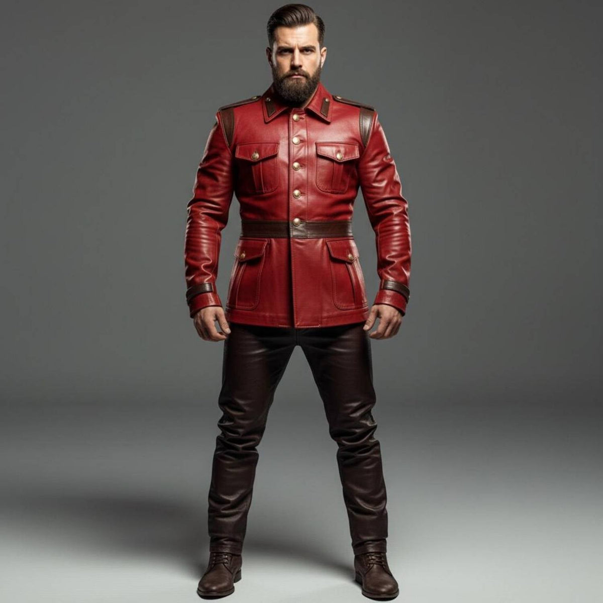 Full length front view of bearded man wearing handmade red and brown leather military uniform jacket and dark brown pants on grey background