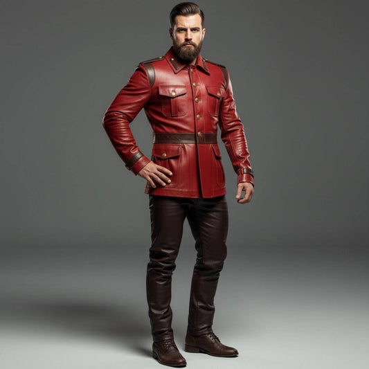 Front three quarter pose of man wearing red leather officer tunic coat with dark brown epaulettes and waist belt hand on hip