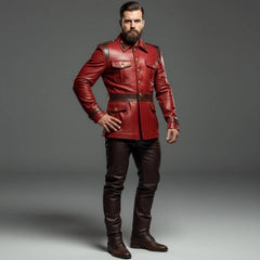 Front three quarter pose of man wearing red leather officer tunic coat with dark brown epaulettes and waist belt hand on hip