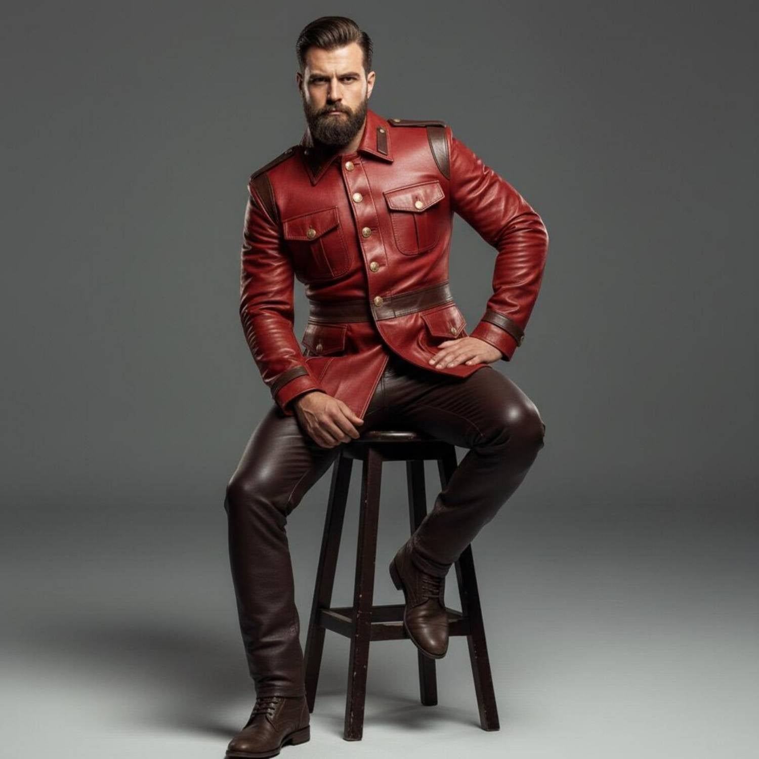 Male model seated on tall wooden stool wearing tailored red leather military jacket and matching brown trousers with dress shoes