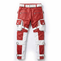 Men's Red & White Leather Tactical Biker Trousers