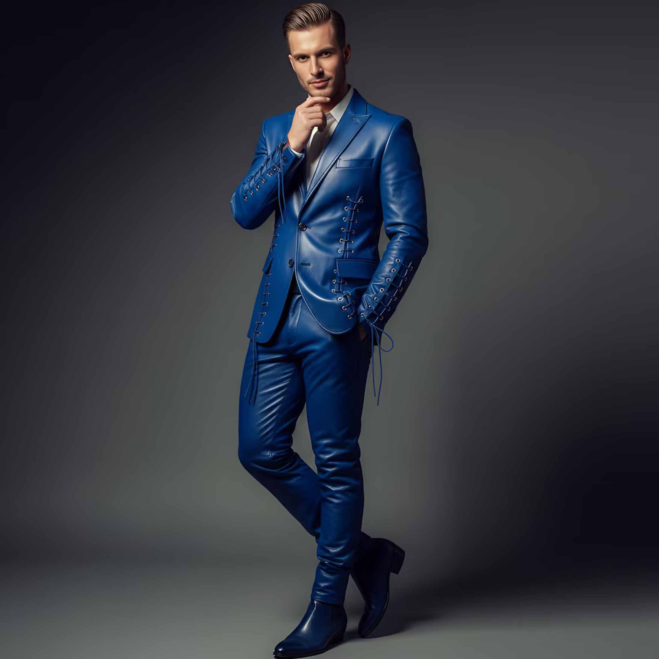 Fashionable man posing in royal blue leather blazer and trousers set with hand under chin against grey background