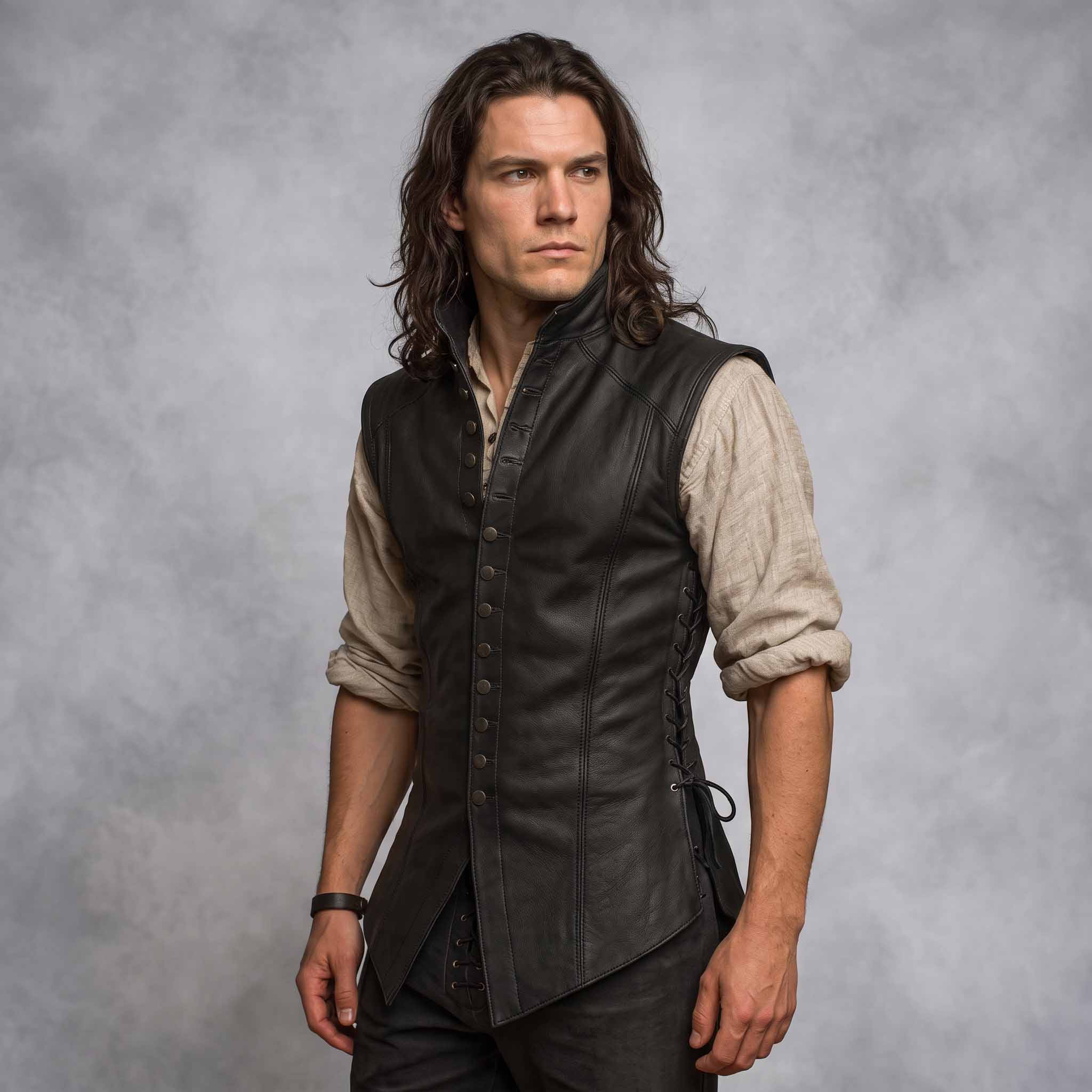 Three-quarter perspective of male model wearing black medieval leather doublet highlighting side cord lacing over a linen tunic