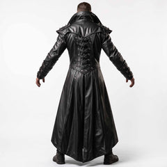 Rear full length studio view of mens black genuine leather gothic overcoat highlighting spiked pauldrons, corset eyelet spine lacing, and pleated sweeping duster skirt