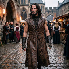 Front full length view of dark fantasy warrior standing in stone courtyard wearing weathered brown cowhide leather long jerkin coat with peaked collar