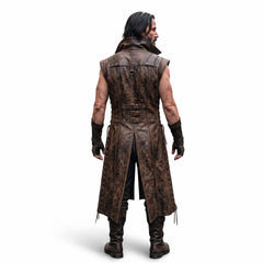 Studio back shot of weathered brown leather sleeveless coat on white background detailing center split hem, side eyelet cords, and spine harness hardware