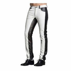 Men's Handmade Two Tone White and Black Sheep Nappa Leather Pants Classic 501 Style Biker Trousers