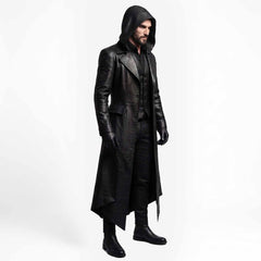 Men's Black Cowhide Leather Hooded Trench Coat | Gothic Long Winter Duster