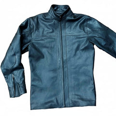 A dark blue leather jacket with a stand-up collar and front zipper, laid flat against a white background.