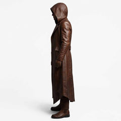 Men's Brown Cowhide Leather Hooded Trench Coat | Gothic Long Winter Duster